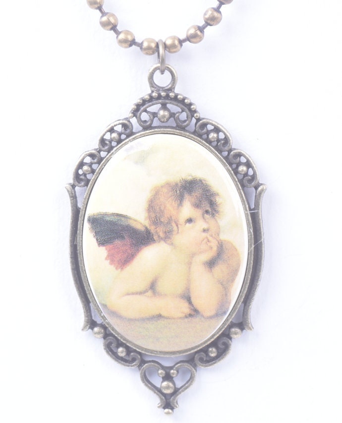 40mm Rafael Angel Cameo Necklace, Vintage Litho Cabochon, filigree setting, gift bag, 18" or 24" chain, antique gold or antique copper, Each