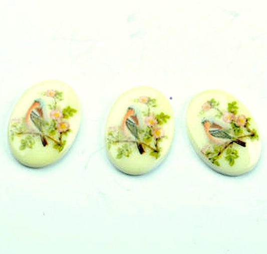 Vintage 25mm Vintage Bird Cameo Cabochon, German litho flat back, 3 each OE-171/3