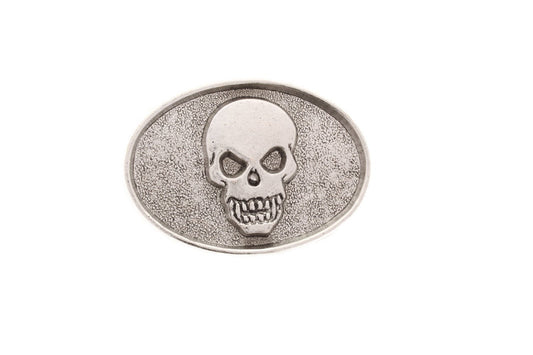 Skull Oval Belt Buckle in antique silver, 3" wide, 1.5" D Ring on back, Made in USA Each