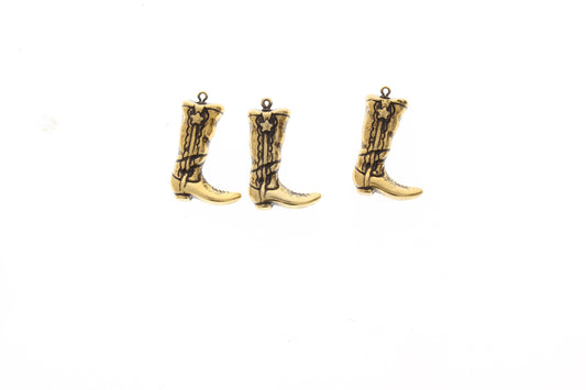 Cowboy Boot Charm, 27mm long, antique gold finish, Pack of 3