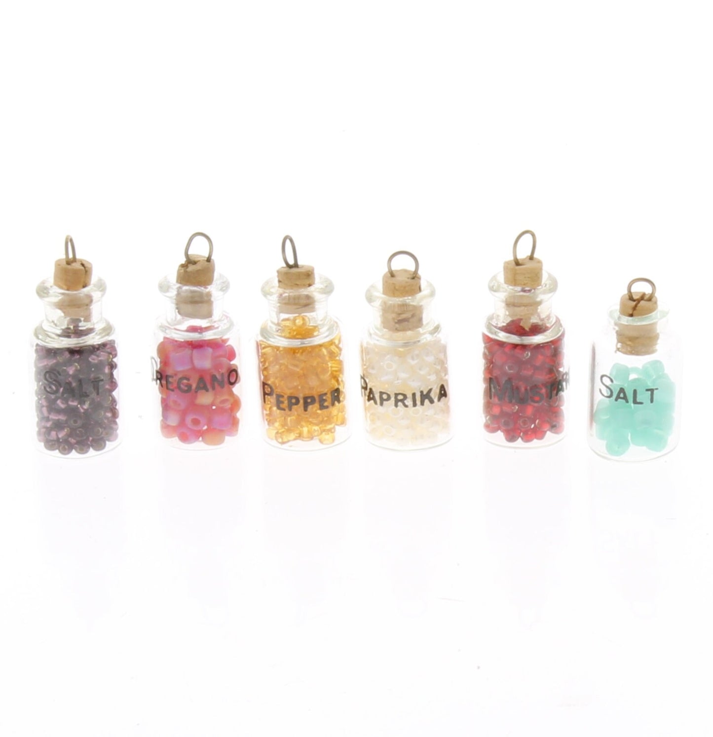 Spice Bottle Charm Pendant with Cork Stopper, Mustard, Paprika, Salt, Pepper, Oregano, Salt, 1 inch, Clear glass with lettering, set of 6