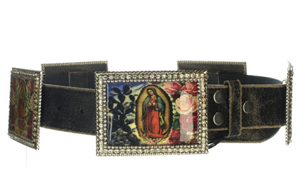 Virgin de Guadalupe Icon Leather Belt, Vintage Images on Buckle and 4 Rectangle conchos, black or brown leather belting, HandMade USA, Each