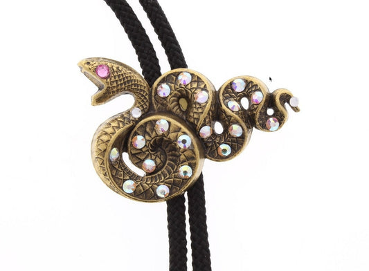 Snake Bolo Tie, Gift Box, antique gold with Swarovski crystal on 36" woven cord, 2.5"w, Handmade in USA, Each