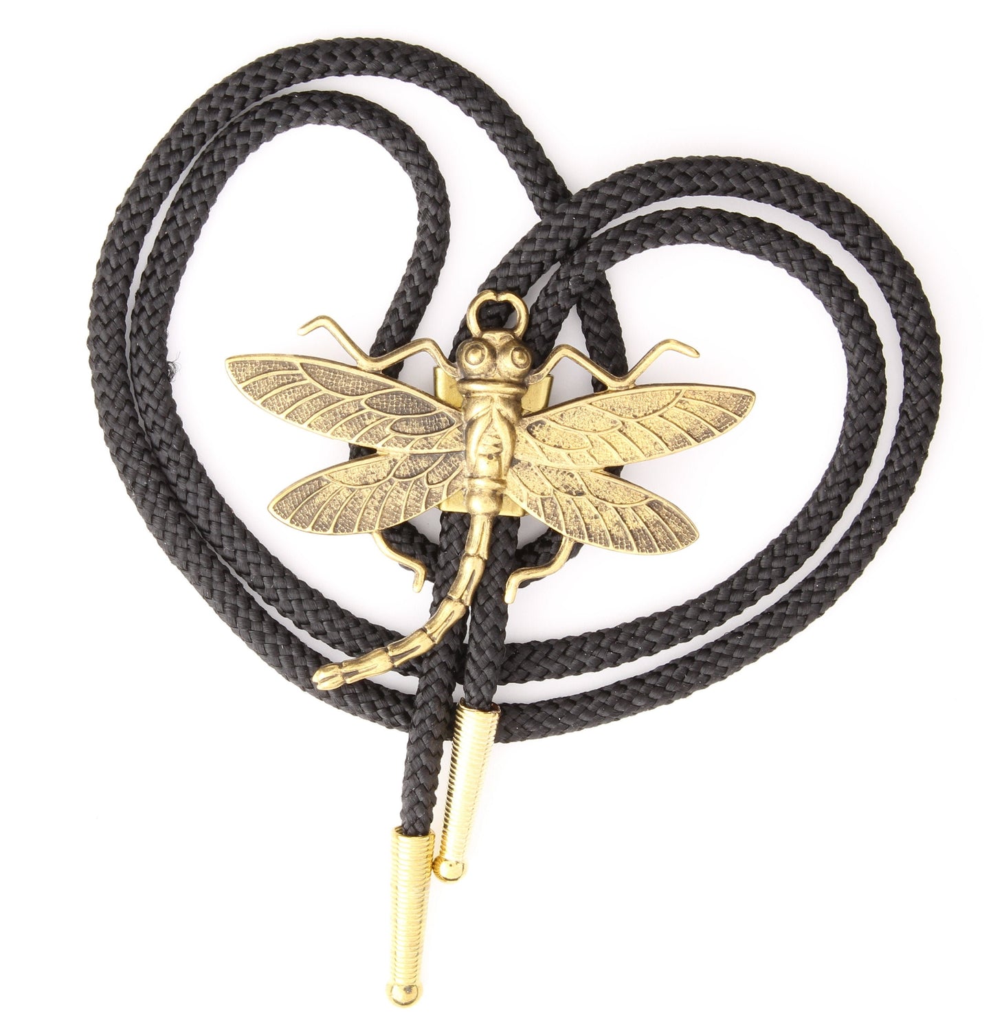 Gold Dragonfly Bolo Tie with matching tips, 36" cord in black, turquoise, jute, olive green or red, handmade in USA, Each