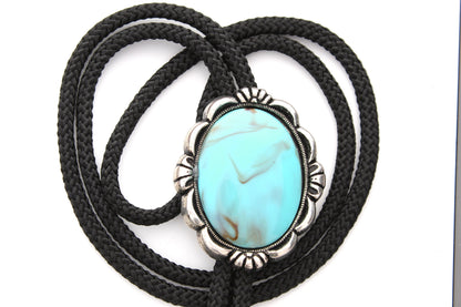 Turquoise bolo tie in antique silver setting, 40mm, black, jute or red cord, Made in USA, matrix lucite stone, Each