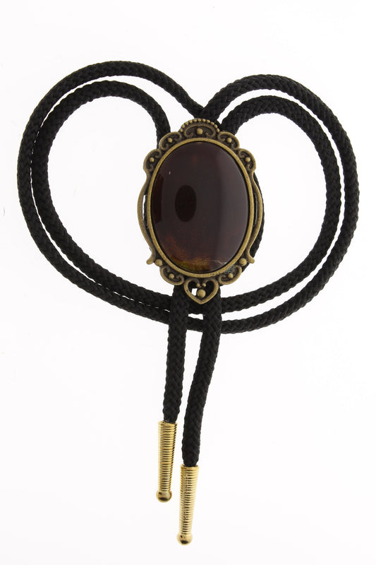 36" Amber Bolo Tie, 40mm stone in antique gold with matching tips, Black, olive or red cord, Made in USA, Each