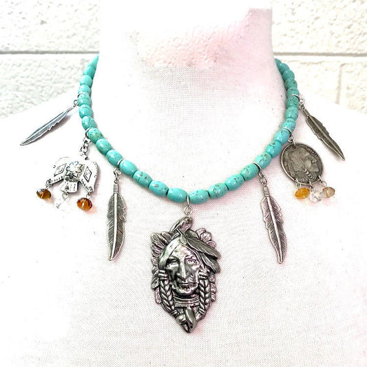 American Indian Chief Necklace, Turquoise or Onyx Beads, 18" or 24", Made in USA, Each