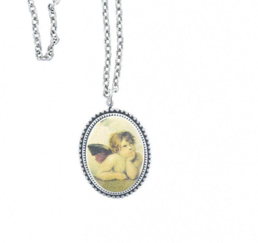 40mm Rafael Angel Cameo Cabochon Pendant Necklace, 18" or 24" silver chain, Each