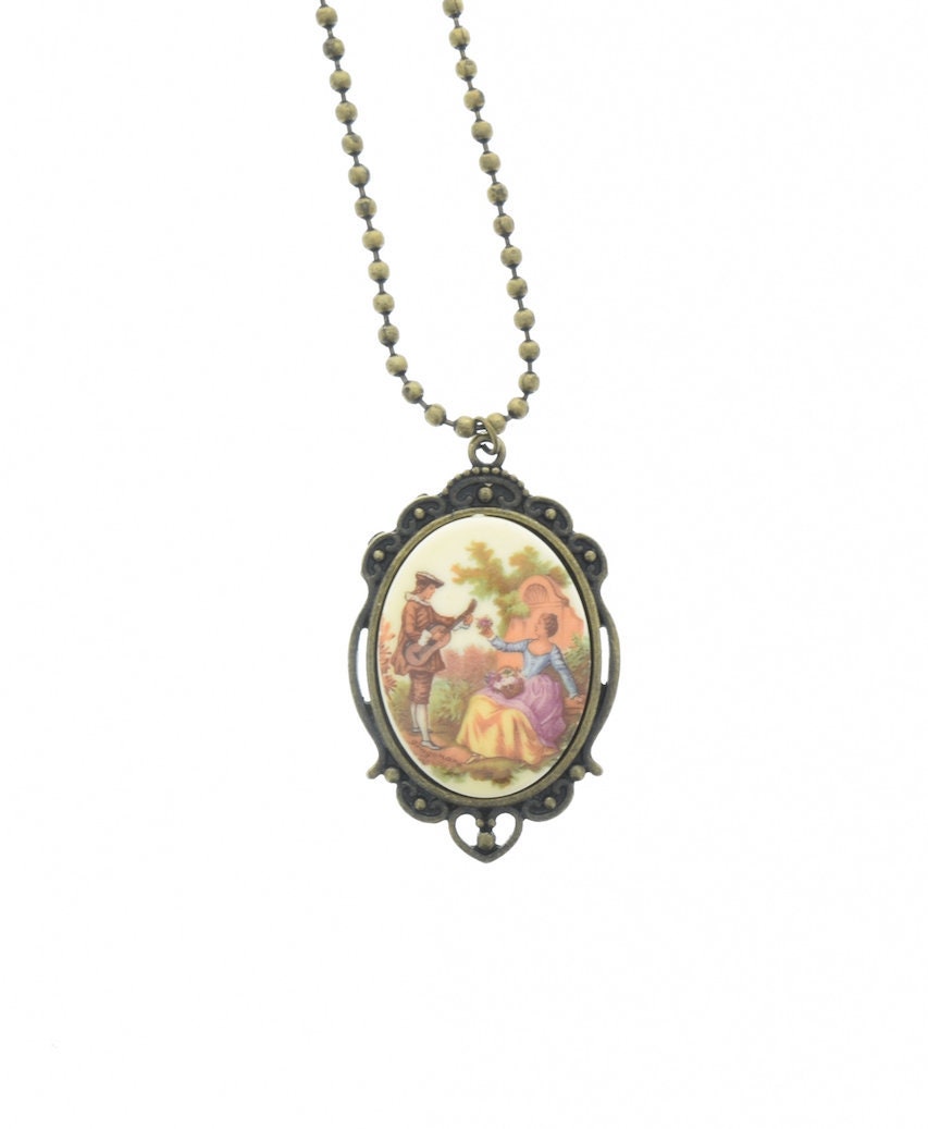 40mm French Cameo Necklace, "French Couple with Lute", in gift bag, Vintage Cabochon, 18" or 24" chain, antique gold or antique copper, Each