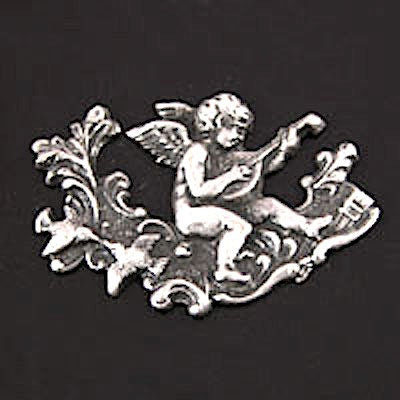 36mm Cherub Playing Mandolin, metal stamping, Silver, Gold or Copper, Made in USA, pack of 6