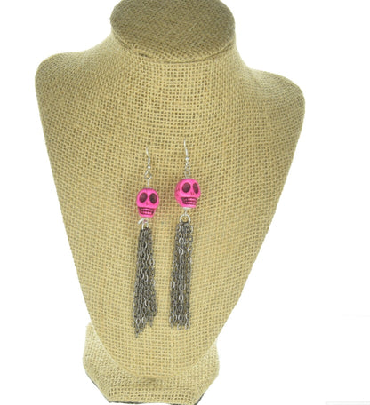 Day of the Dead Sugar Skull Earring & Necklace Set, dyed magnacite stone, handmade in USA, Sold as a set