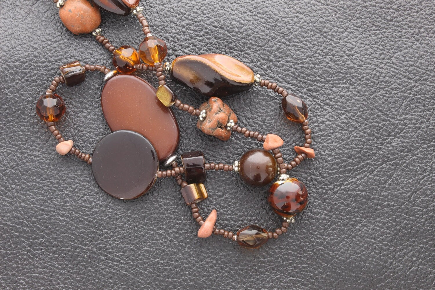 Brown beaded fall necklace, 32" length, with earrings, acrylic beads, necklace and earring set