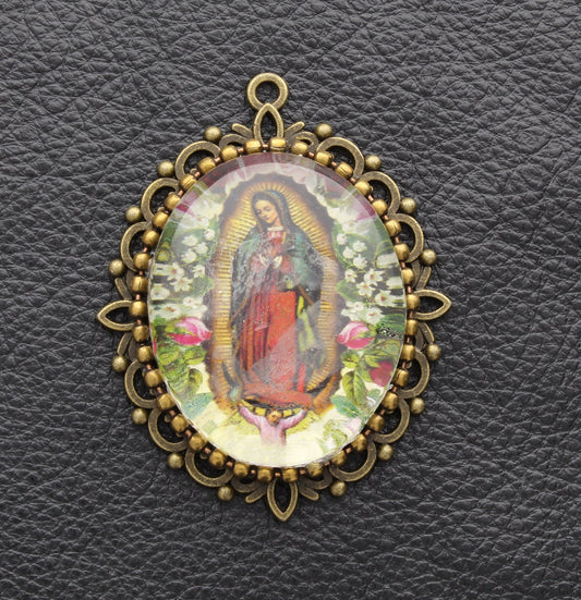 Quarter Horse Pendant, Gothic "Love is Forever" or Iconic Our Lady of Guadalupe, Antique Gold Filigree, Glass Cabochon, handmade, Each