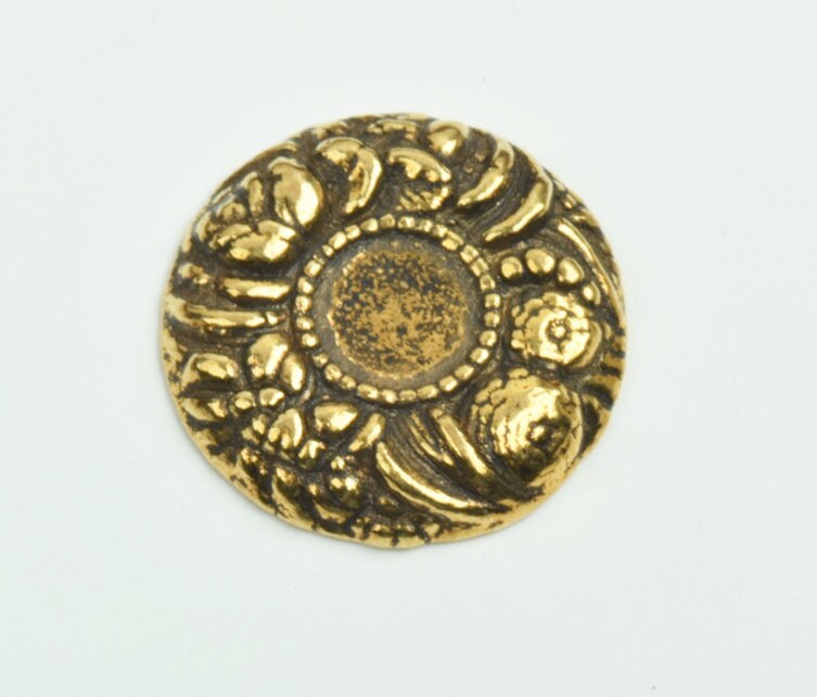 Vintage Button Cabochon, 28mm Antique Gold Baroque w/10mm Bezel, Flat back, 3 each 09583AG