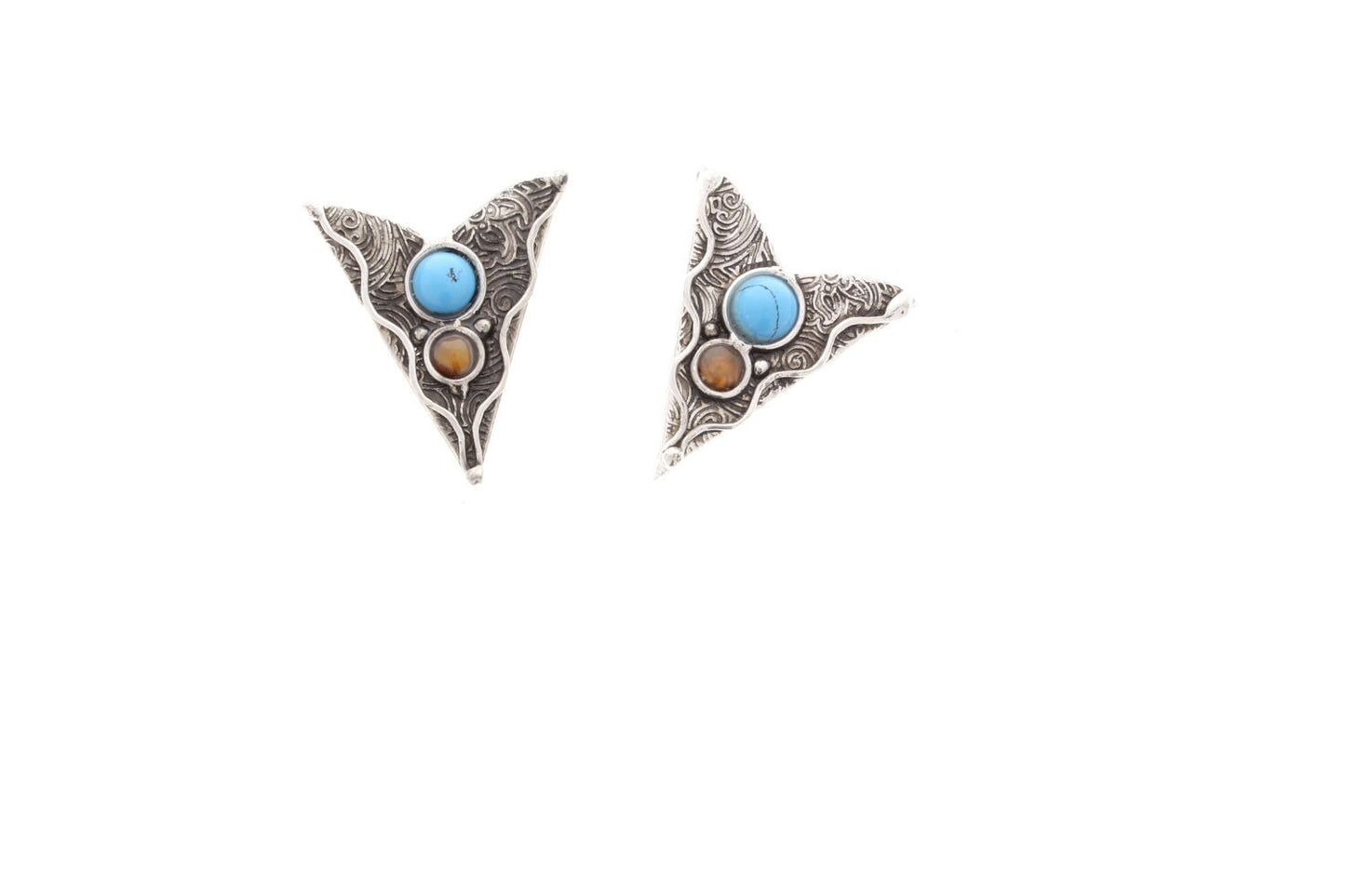 Scrolled Western Collar Tip with faux turquoise, Antique Silver, screw on back, 1 pair