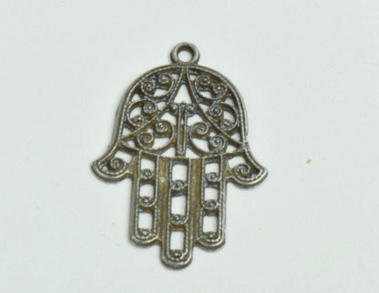 Hamsa hand charm, 36mm, 48mm or 58mm, cast and plated antique silver, pack of 3