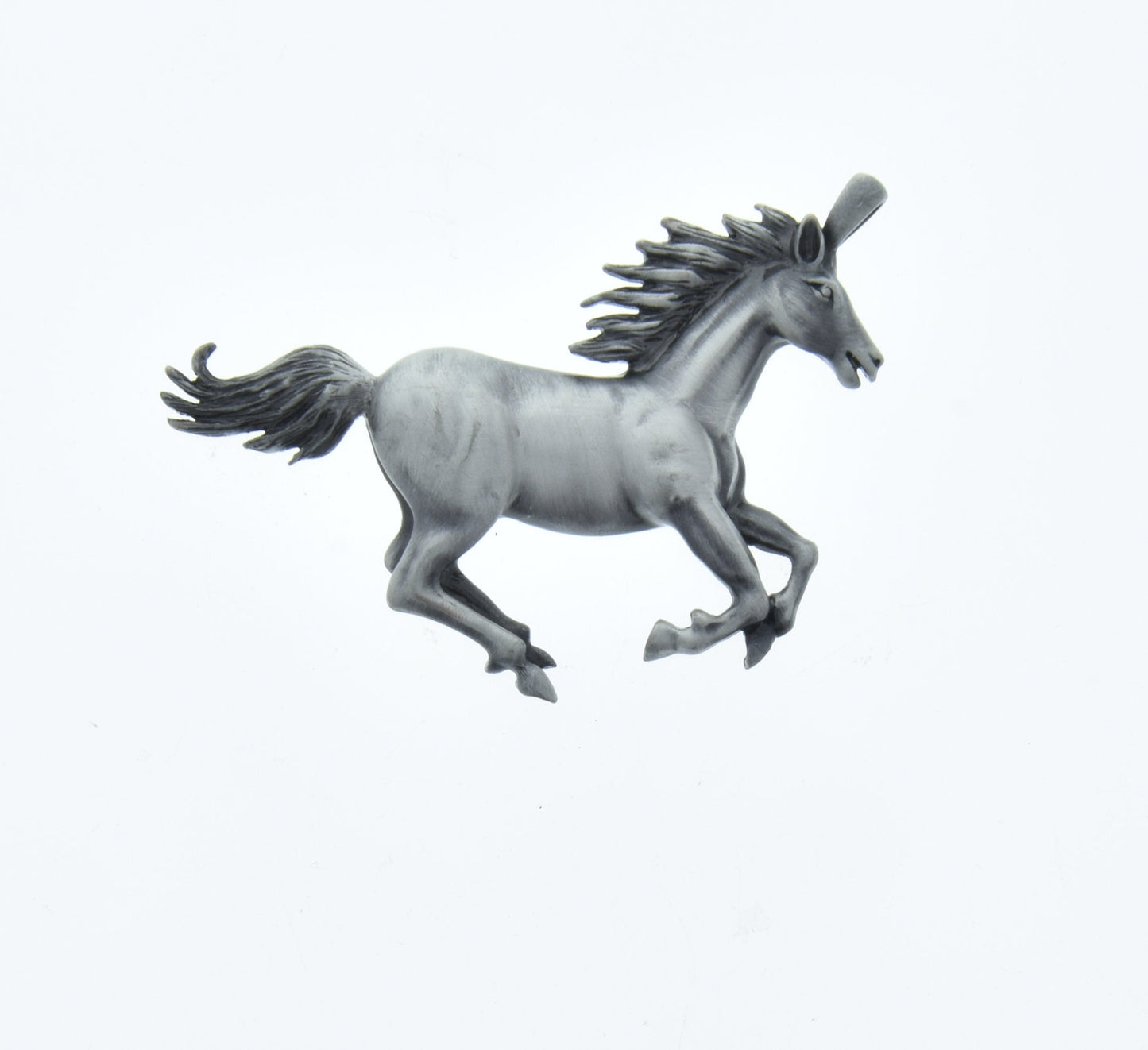 Horse pendant, cast and satin silver finish, 3" wide x 2" tall, hollow back, each