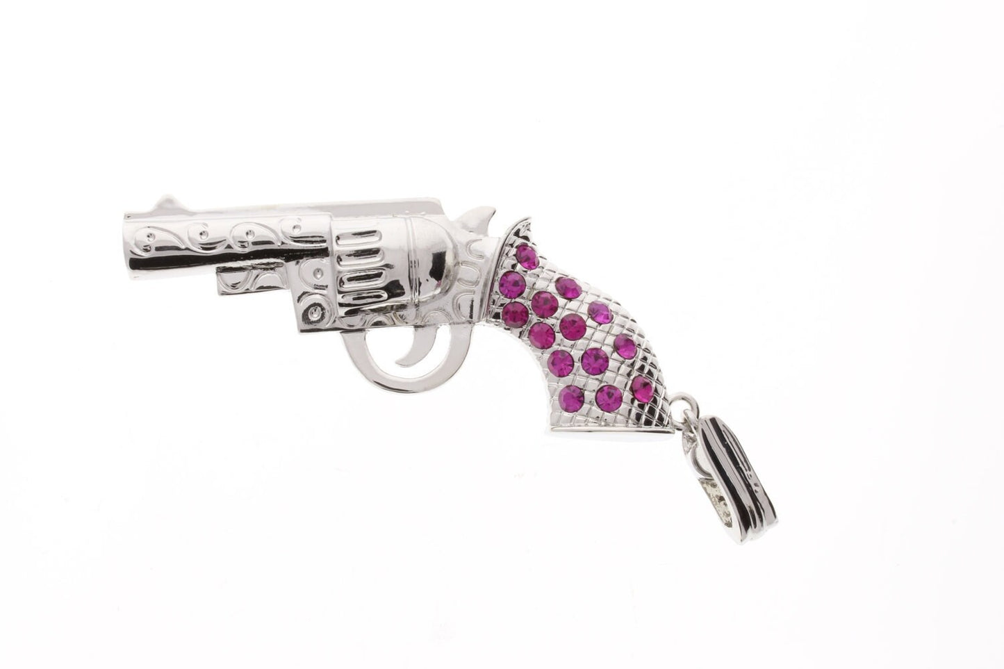 Silver Pistol Gun Pendant with pink crystals and magnetic bail, 4 3/4" size, 1 each