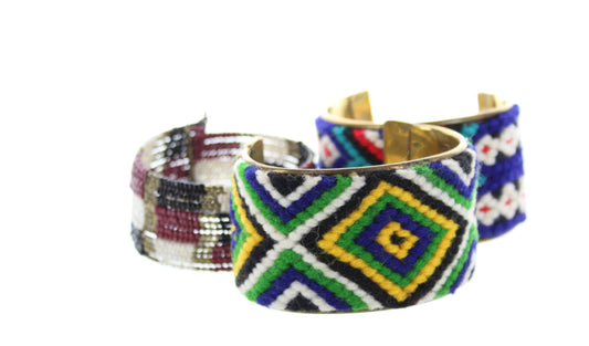 Handmade Chevron Mosaic Woven Beaded Cuffs, Yellow, Blue, White, Green, Red, Black, set of 3