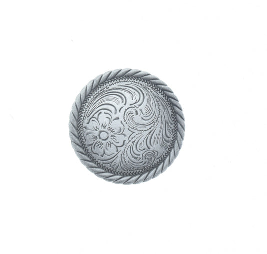 Tooled Flower Concho with rope border, antique silver, round 1.5" or 1.25" diameter, screw back attachment, Each