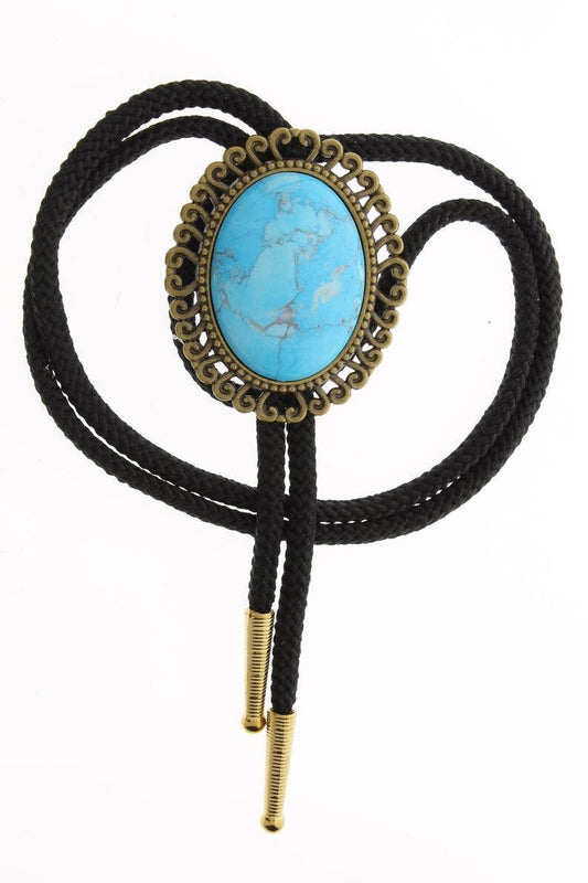 40mm Lapis Lazuli Blue Bolo Tie OR Turquoise Bolo set in Vintage Gold with Matching Tips, Made in USA, Black or Jute Cord, Each