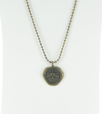 Dragonfly Wax Seal Necklace in Gift Bag, 16", 18" or 20", HandMade in USA, 35mm, antique silver or antique gold, 1 each