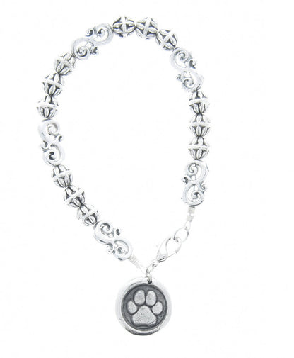 Paw Print Bracelet with "Rub my tummy" charm on 7.5" silver chain, beaded, Gift Boxed, handmade in USA, Each