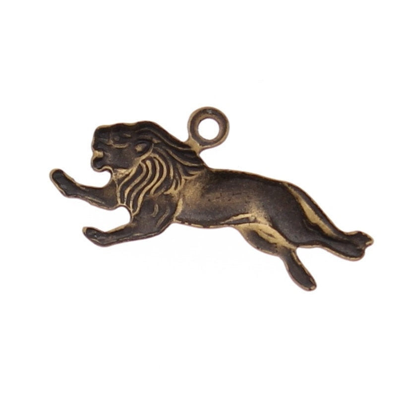 11mm Vintage Running Lion Charm, Antique Gold, Made in USA, pack of 4