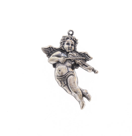 42mm x 30 Vintage Cherub Angel Charm with Violin Musical Instrument, Antique Gold or Antique Silver, Made in USA, pack of 6