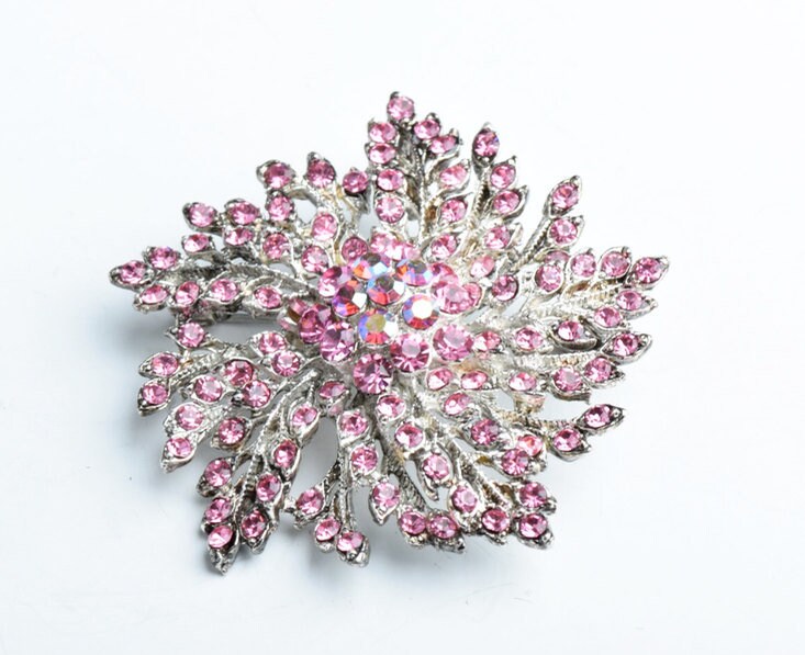 Vintage Crystal Brooch, 50mm Flower Brooch Pendant, Rose Pink AB Crystals, Each