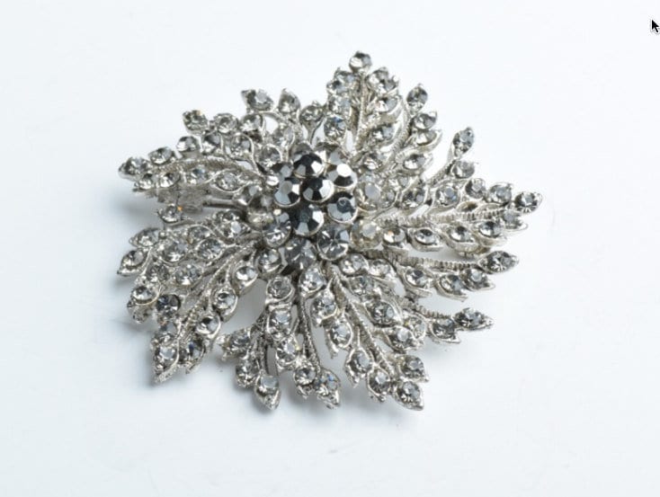 Vintage Crystal Brooch, 50mm Flower Pin Brooch Pendant, Black Diamond & Hematite, Each