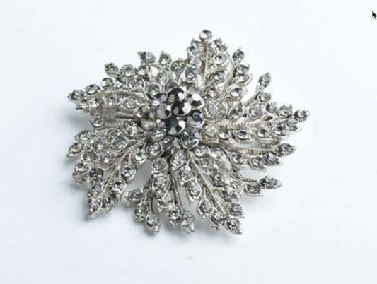 Vintage Crystal Brooch, 50mm Flower Pin Brooch Pendant, Black Diamond & Hematite, Each