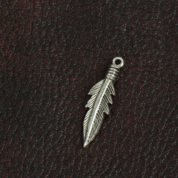 Feather Charm, Zinc Cast, 29mm, Antique Silver, ring on top, Pack of 12