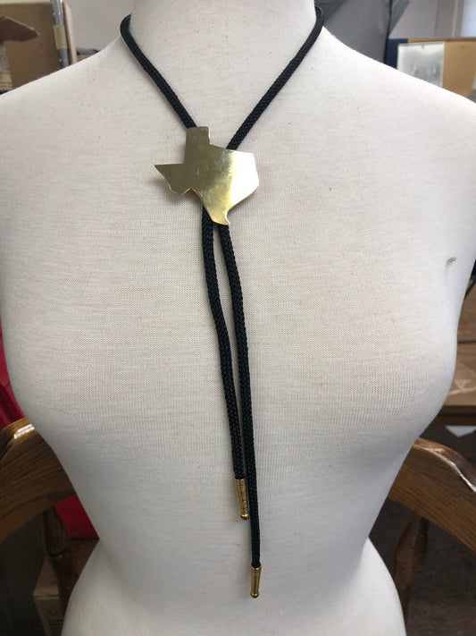 Texas State bolo tie, Gold finish with matching tips, 36" black, red, turquoise or olive green woven cord, Each