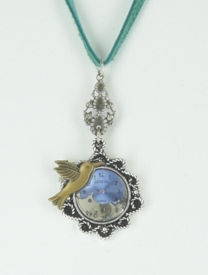Hummingbird Necklace in Antique silver and gold, 18" or 24" Black Sueded leather cord, Each