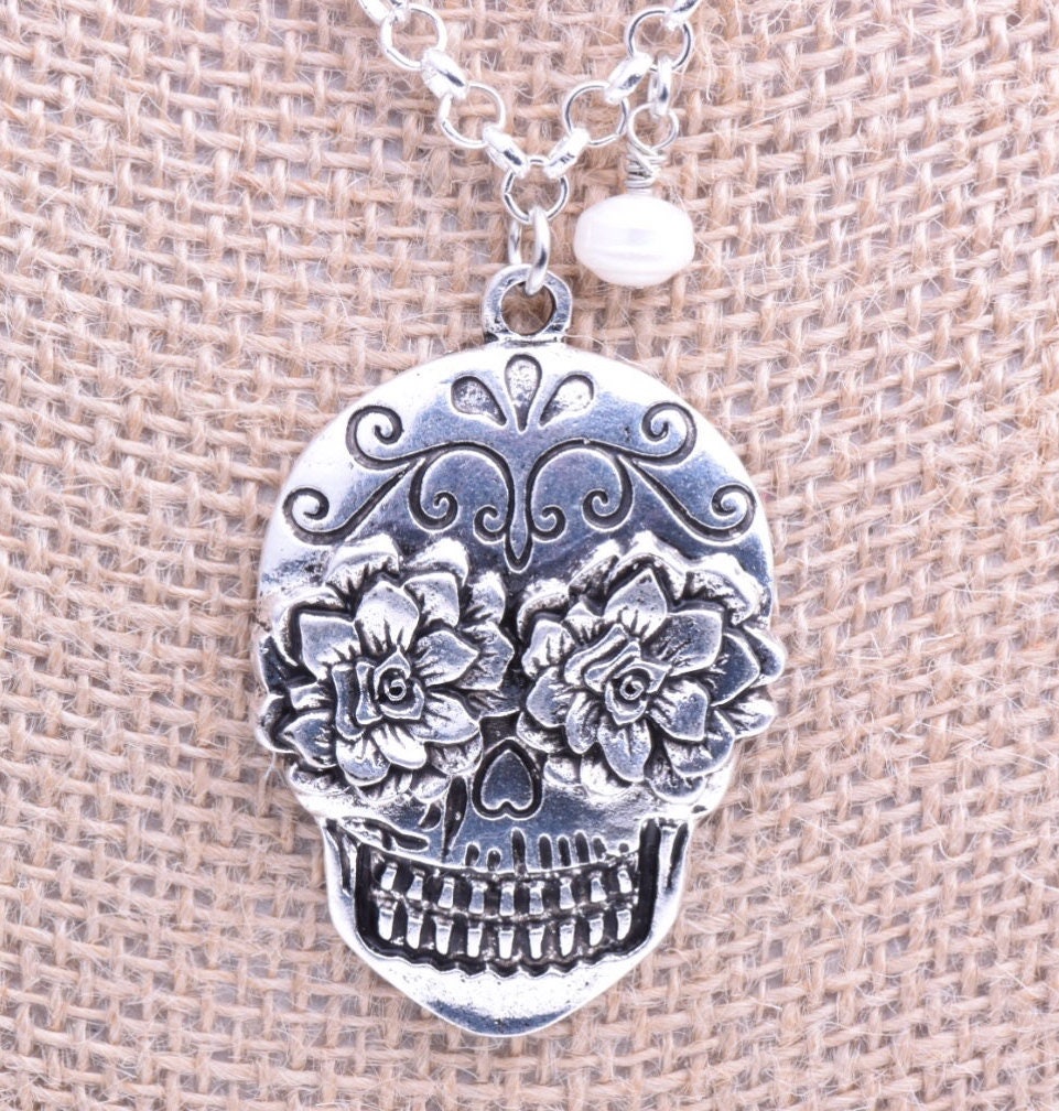 Sugar Skull Pendant Necklace, 18" or 24" silver chain, Made in USA, Each