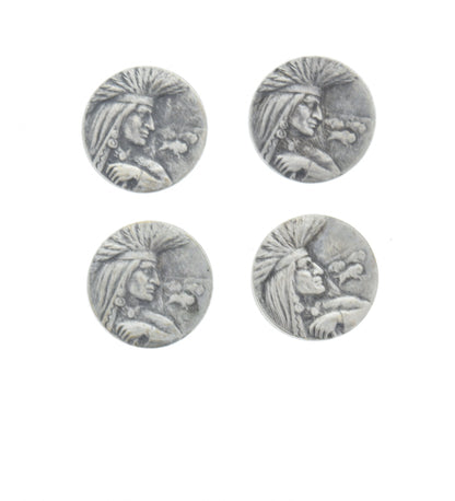 Vintage Button Covers, Native American Indian, antique silver, 23mm, Set of 4