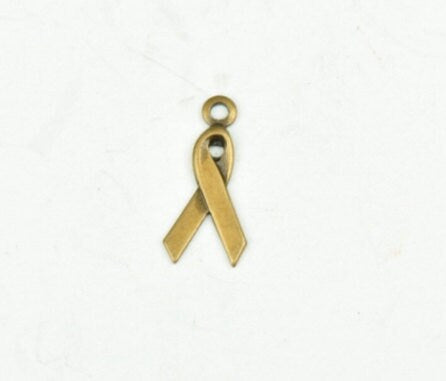 Vintage Cancer Ribbon Charm with ring, antique gold, pack of 6