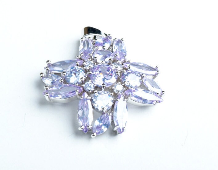 Vintage CZ Crystal Cross Pendant, 28x22mm Cubic Zirconia, Lavender Tanzanite, Each