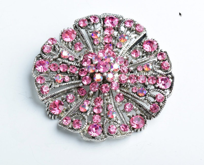 55mm Vintage Brooch or Pendant, Light Rose Pink Crystals in silver setting, has both a bar pin and loop on the back, each