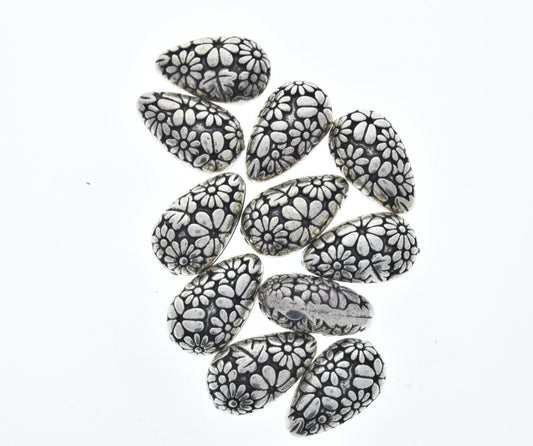 Flower beads, 26mmx16mm Flower-Daisy Teardrop Beads, Antique Silver, pack of 22 beads