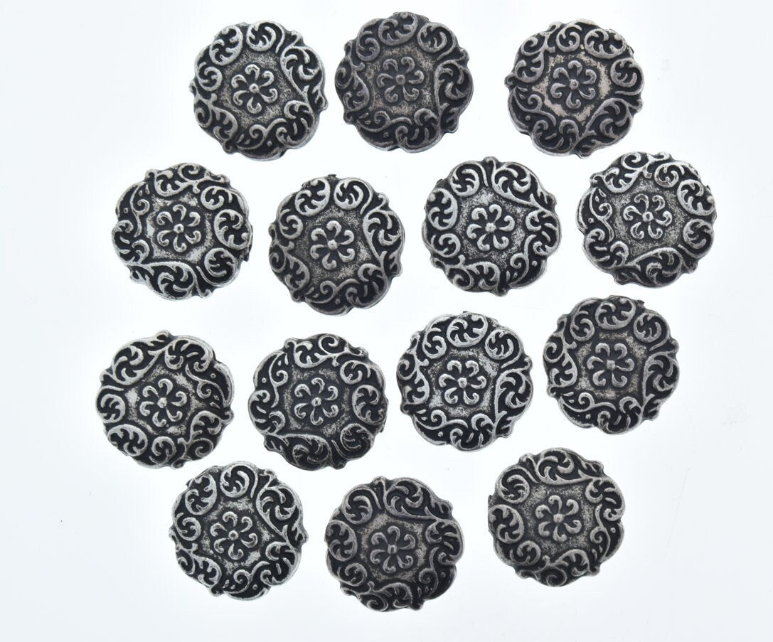 Floral Tapestry Coin Shaped beads, 22mm x 8mm, Edwardian Baroque, Antique Silver, 14 beads