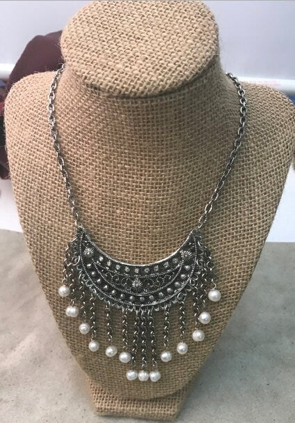 18" Pearl Bib Pendant Necklace, in gift bag, Antique silver, Handmade in USA, Each