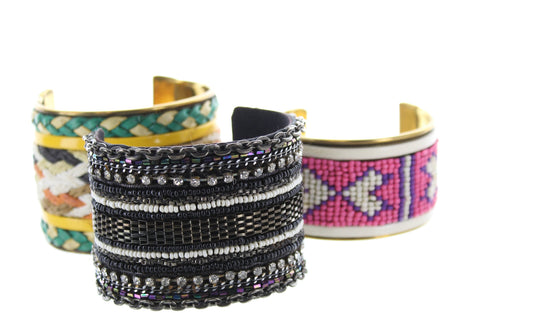 Beaded Woven Arrow Chevron Cuff Bracelets, Adjustable, Handmade, Black, White, Pink, Purple, Yellow, Green, polished gold brass, set of 3