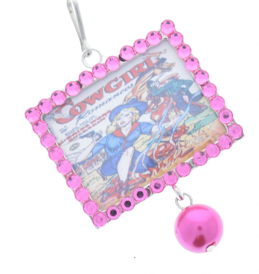 Vintage Campfire Cowgirl Art ,Pink Crystal Frame Pendant, 46mm x 36mm silver rectangle, Pack of 3