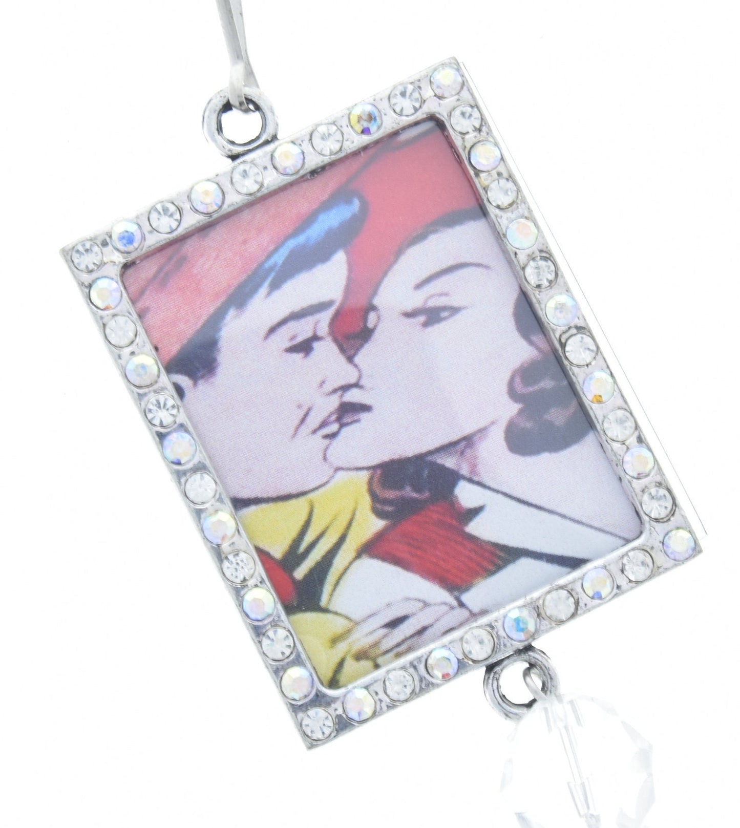 Vintage Kissing Cowgirl Art Clear Crystal Frame Pendant, 46mm x 36mm silver rectangle, Pack of 3