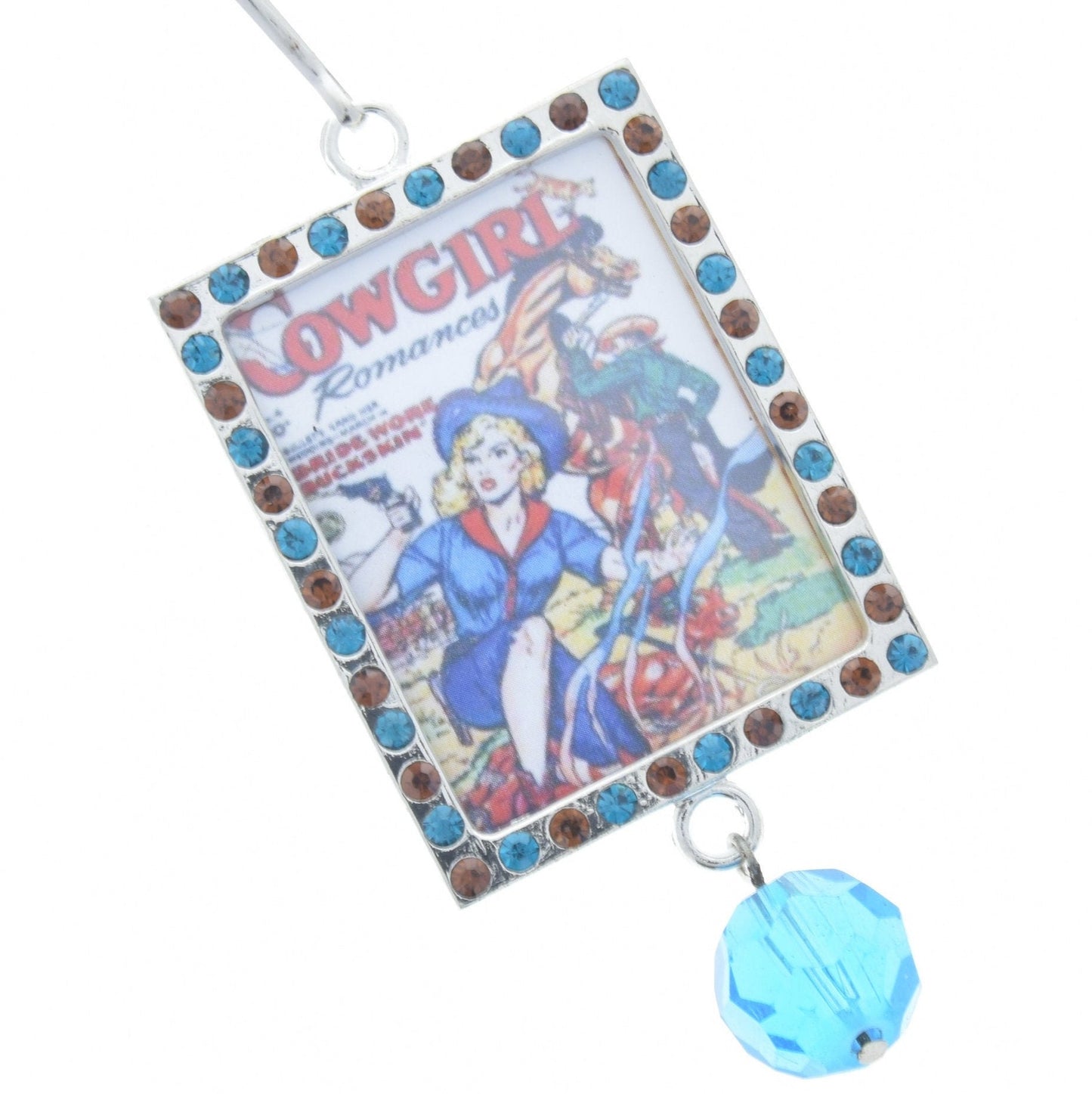 Vintage Campfire Cowgirl Art Red Blue Crystal Frame Pendant, 46mm x 36mm silver rectangle, Pack of 3