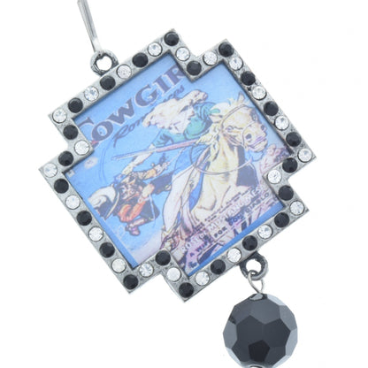 Vintage Ride 'em Cowgirl Art Pendant, gunmetal cross shape frame with AB Crystals OR Black Onyx and Crystal, 48mm, Pack of 3