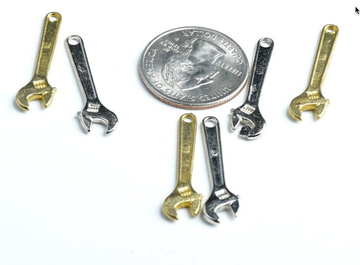 Metal Wrench Charm, silver and gold, 31mm, pack of 6