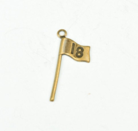 Vintage Golf Flag Charm, "18 hole", antique silver or antique gold, Made in USA, Pack of 6